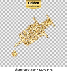 Gold glitter vector icon of syringe isolated on background. Art creative concept illustration for web, glow light confetti, bright sequins, sparkle tinsel, abstract bling, shimmer dust, foil.