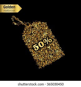 Gold glitter vector icon of tag discounted isolated on background. Art creative concept illustration for web, glow light confetti, bright sequins, sparkle tinsel, abstract bling, shimmer dust, foil.