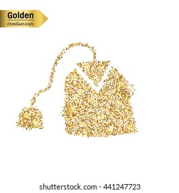 Gold glitter vector icon of tea bag isolated on background. Art creative concept illustration for web, glow light confetti, bright sequins, sparkle tinsel, abstract bling, shimmer dust, foil.