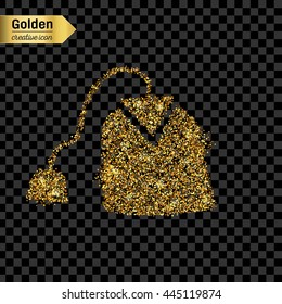 Gold glitter vector icon of tea bag isolated on background. Art creative concept illustration for web, glow light confetti, bright sequins, sparkle tinsel, abstract bling, shimmer dust, foil.