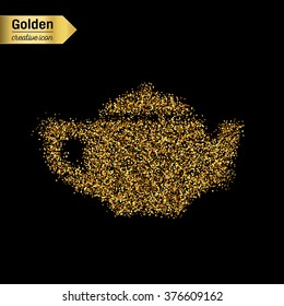Gold glitter vector icon of teapot isolated on background. Art creative concept illustration for web, glow light confetti, bright sequins, sparkle tinsel, abstract bling, shimmer dust, foil.