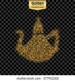 Gold glitter vector icon of teapot isolated on background. Art creative concept illustration for web, glow light confetti, bright sequins, sparkle tinsel, abstract bling, shimmer dust, foil.
