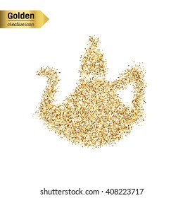 Gold glitter vector icon of teapot isolated on background. Art creative concept illustration for web, glow light confetti, bright sequins, sparkle tinsel, abstract bling, shimmer dust, foil.