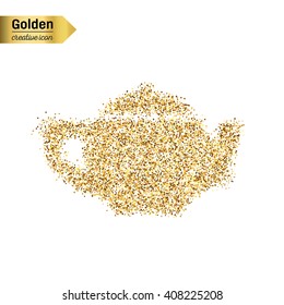 Gold glitter vector icon of teapot isolated on background. Art creative concept illustration for web, glow light confetti, bright sequins, sparkle tinsel, abstract bling, shimmer dust, foil.