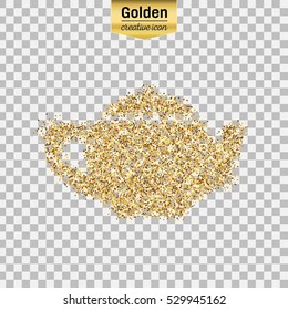 Gold glitter vector icon of teapot isolated on background. Art creative concept illustration for web, glow light confetti, bright sequins, sparkle tinsel, abstract bling, shimmer dust, foil.