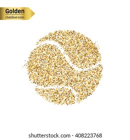 Gold glitter vector icon of tennis ball isolated on background. Art creative concept illustration for web, glow light confetti, bright sequins, sparkle tinsel, abstract bling, shimmer dust, foil.