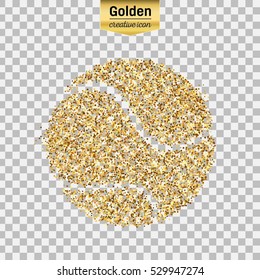 Gold glitter vector icon of tennis ball isolated on background. Art creative concept illustration for web, glow light confetti, bright sequins, sparkle tinsel, abstract bling, shimmer dust, foil.