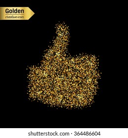 Gold glitter vector icon of thumbs up isolated on background. Art creative concept illustration for web, glow light confetti, bright sequins, sparkle tinsel, abstract bling, shimmer dust, foil.