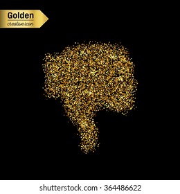 Gold glitter vector icon of thumbs down isolated on background. Art creative concept illustration for web, glow light confetti, bright sequins, sparkle tinsel, abstract bling, shimmer dust, foil.