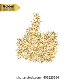 Gold glitter vector icon of thumbs up isolated on background. Art creative concept illustration for web, glow light confetti, bright sequins, sparkle tinsel, abstract bling, shimmer dust, foil