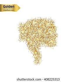 Gold glitter vector icon of thumbs down isolated on background. Art creative concept illustration for web, glow light confetti, bright sequins, sparkle tinsel, abstract bling, shimmer dust, foil