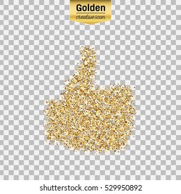 Gold glitter vector icon of thumbs up isolated on background. Art creative concept illustration for web, glow light confetti, bright sequins, sparkle tinsel, abstract bling, shimmer dust, foil.