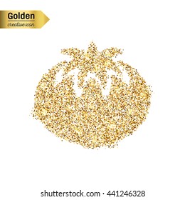 Gold glitter vector icon of tomato isolated on background. Art creative concept illustration for web, glow light confetti, bright sequins, sparkle tinsel, abstract bling, shimmer dust, foil.