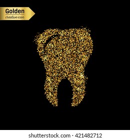 Gold glitter vector icon of tooth isolated on background. Art creative concept illustration for web, glow light confetti, bright sequins, sparkle tinsel, abstract bling, shimmer dust, foil.