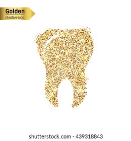 Gold glitter vector icon of tooth isolated on background. Art creative concept illustration for web, glow light confetti, bright sequins, sparkle tinsel, abstract bling, shimmer dust, foil.