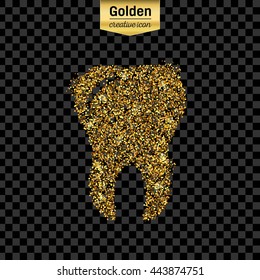 Gold glitter vector icon of tooth isolated on background. Art creative concept illustration for web, glow light confetti, bright sequins, sparkle tinsel, abstract bling, shimmer dust, foil.