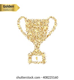 Gold glitter vector icon of trophy cup isolated on background. Art creative concept illustration for web, glow light confetti, bright sequins, sparkle tinsel, abstract bling, shimmer dust, foil