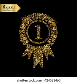 Gold glitter vector icon of trophy medal isolated on background. Art creative concept illustration for web, glow light confetti, bright sequins, sparkle tinsel, abstract bling, shimmer dust, foil.