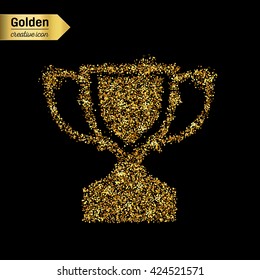Gold glitter vector icon of trophy cup isolated on background. Art creative concept illustration for web, glow light confetti, bright sequins, sparkle tinsel, abstract bling, shimmer dust, foil.