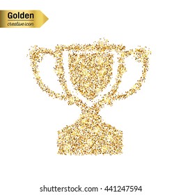 Gold glitter vector icon of trophy cup isolated on background. Art creative concept illustration for web, glow light confetti, bright sequins, sparkle tinsel, abstract bling, shimmer dust, foil.