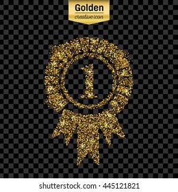 Gold glitter vector icon of trophy medal isolated on background. Art creative concept illustration for web, glow light confetti, bright sequins, sparkle tinsel, abstract bling, shimmer dust, foil.