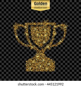 Gold glitter vector icon of trophy cup isolated on background. Art creative concept illustration for web, glow light confetti, bright sequins, sparkle tinsel, abstract bling, shimmer dust, foil.