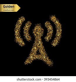 Gold glitter vector icon of TV tower isolated on background. Art creative concept illustration for web, glow light confetti, bright sequins, sparkle tinsel, abstract bling, shimmer dust, foil.