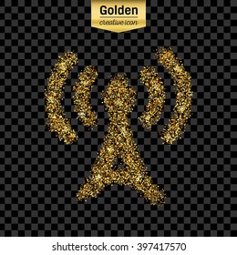 Gold glitter vector icon of TV tower isolated on background. Art creative concept illustration for web, glow light confetti, bright sequins, sparkle tinsel, abstract bling, shimmer dust, foil.