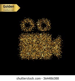 Gold glitter vector icon of video camera isolated on background. Art creative concept illustration for web, glow light confetti, bright sequins, sparkle tinsel, abstract bling, shimmer dust, foil.