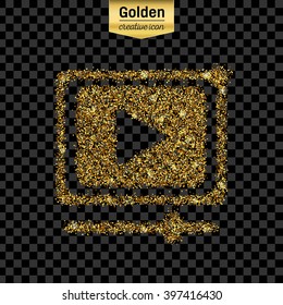 Gold glitter vector icon of video player isolated on background. Art creative concept illustration for web, glow light confetti, bright sequins, sparkle tinsel, bling logo, shimmer dust, foil.