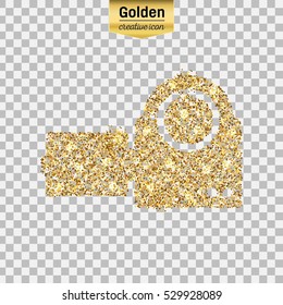 Gold glitter vector icon of video camera isolated on background. Art creative concept illustration for web, glow light confetti, bright sequins, sparkle tinsel, abstract bling, shimmer dust, foil.