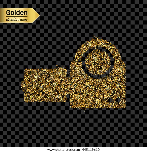 Gold glitter vector icon of video camera isolated\
on background. Art creative concept illustration for web, glow\
light confetti, bright sequins, sparkle tinsel, abstract bling,\
shimmer dust, foil.