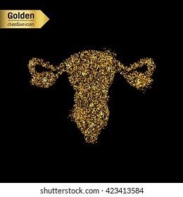 Gold glitter vector icon of vulva isolated on background.