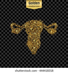 Gold glitter vector icon of vulva isolated on background. Art creative concept illustration for web, glow light confetti, bright sequins, sparkle tinsel, abstract bling, shimmer dust, foil.