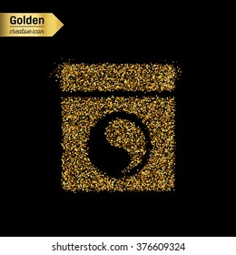 Gold glitter vector icon of washing machine isolated on background. Art creative concept illustration for web, glow light confetti, bright sequins, sparkle tinsel, abstract bling, shimmer dust, foil.