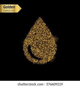 Gold glitter vector icon of water drop isolated on background. Art creative concept illustration for web, glow light confetti, bright sequins, sparkle tinsel, abstract bling, shimmer dust, foil.