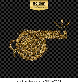 Gold glitter vector icon of whistle isolated on background. Art creative concept illustration for web, glow light confetti, bright sequins, sparkle tinsel, abstract bling, shimmer dust, foil.