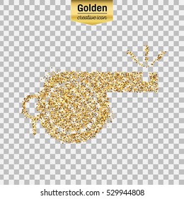 Gold glitter vector icon of whistle isolated on background. Art creative concept illustration for web, glow light confetti, bright sequins, sparkle tinsel, abstract bling, shimmer dust, foil.