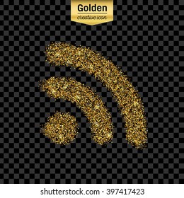 Gold glitter vector icon of wifi isolated on background. Art creative concept illustration for web, glow light confetti, bright sequins, sparkle tinsel, abstract bling, shimmer dust, foil.