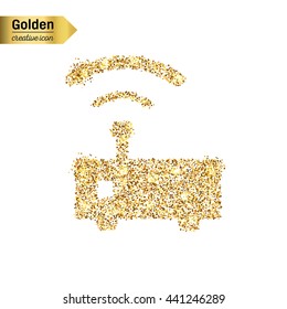 Gold glitter vector icon of wifi router isolated on background. Art creative concept illustration for web, glow light confetti, bright sequins, sparkle tinsel, abstract bling, shimmer dust, foil.
