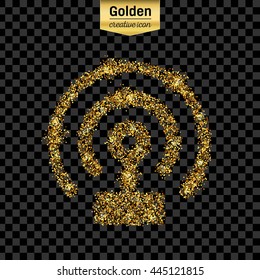 Gold glitter vector icon of wifi isolated on background. Art creative concept illustration for web, glow light confetti, bright sequins, sparkle tinsel, abstract bling, shimmer dust, foil.