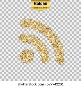 Gold glitter vector icon of wifi isolated on background. Art creative concept illustration for web, glow light confetti, bright sequins, sparkle tinsel, abstract bling, shimmer dust, foil.