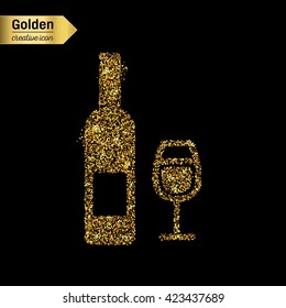 Gold glitter vector icon of wine bottle isolated on background.