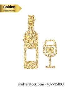Gold glitter vector icon of wine bottle isolated on background. Art creative concept illustration for web, glow light confetti, bright sequins, sparkle tinsel, abstract bling, shimmer dust, foil.