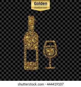 Gold glitter vector icon of wine bottle isolated on background. Art creative concept illustration for web, glow light confetti, bright sequins, sparkle tinsel, abstract bling, shimmer dust, foil.