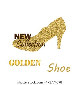 Gold Glitter Vector New Collection Banner with Contour of a Fashion Woman Shoe. Glitter Cinderella Shoe
