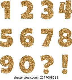 Gold glitter vector numbers in an eps layered file with each number, zero to nine 0-9, in separate layer, an exclamation mark and a question mark, ideal for birthdays and yard or garden party banners