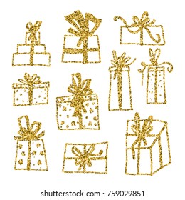 Gold glitter vector set of Chistmas gift box isolated on background. Merry Christmas Happy new year for flyer, poster, banner, web, header. Xmas design.