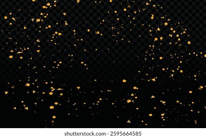 Gold Glitter Vector: Sparkling Particles, Dark Checkered Background, Festive Effect, Metallic Sheen, Transparent Element, Celebratory Design, Dynamic Scatter, Glamorous Texture, Assorted Shapes.