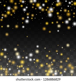 Gold Glitter Vector Texture on a Black. Golden Glow Pattern. Golden Christmas and New Year Snow. Golden Explosion of Confetti. Star Dust. Shiny Circles of Light.